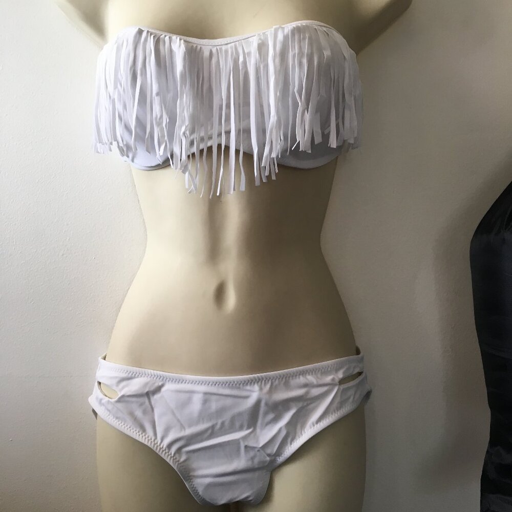 All white Strapless Bikini with cute fringes